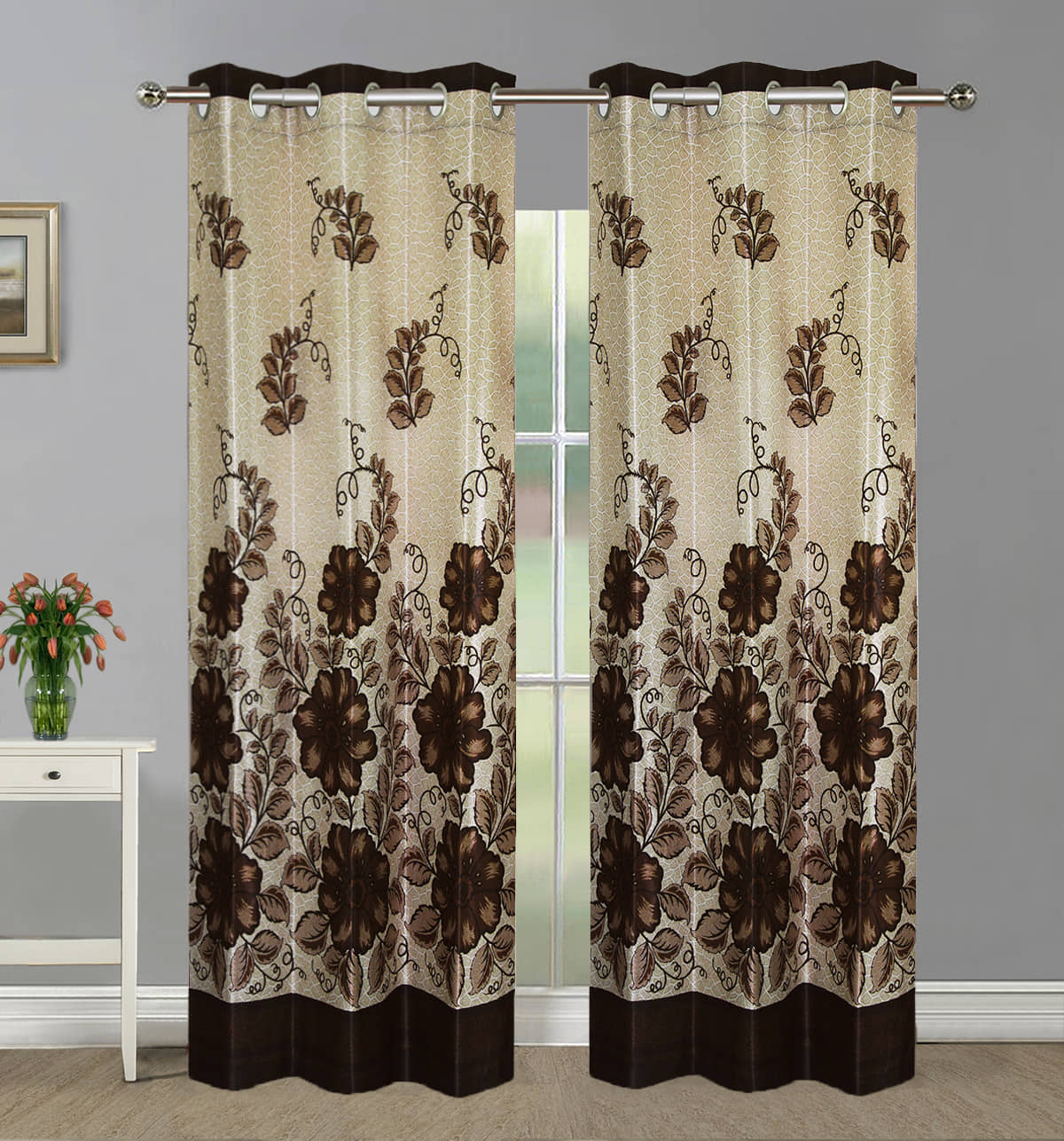 Home Candy Set of 2 Door Semi-Transparent Eyelet Polyester Brown Curtains ( 213 x 120 cm )