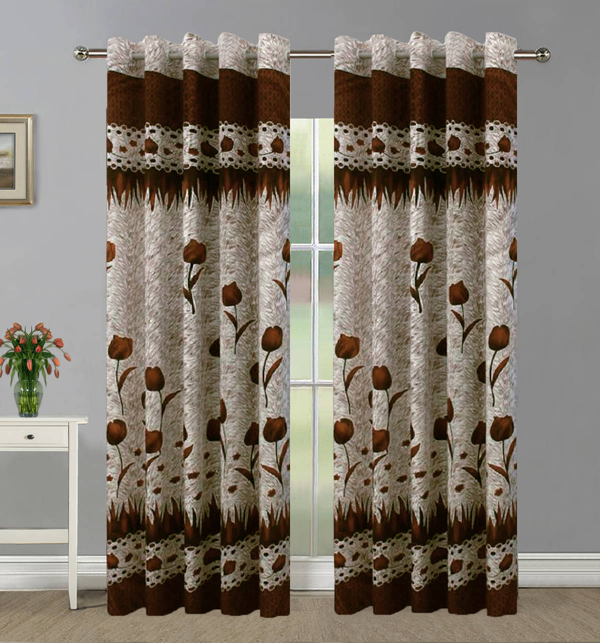     			Home Candy Set of 2 Door Semi-Transparent Eyelet Polyester Brown Curtains ( 213 x 120 cm )