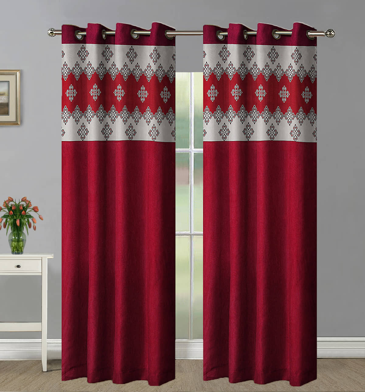 Home Candy Set of 2 Long Door Semi-Transparent Eyelet Polyester Maroon Curtains ( 274 x 120 cm )