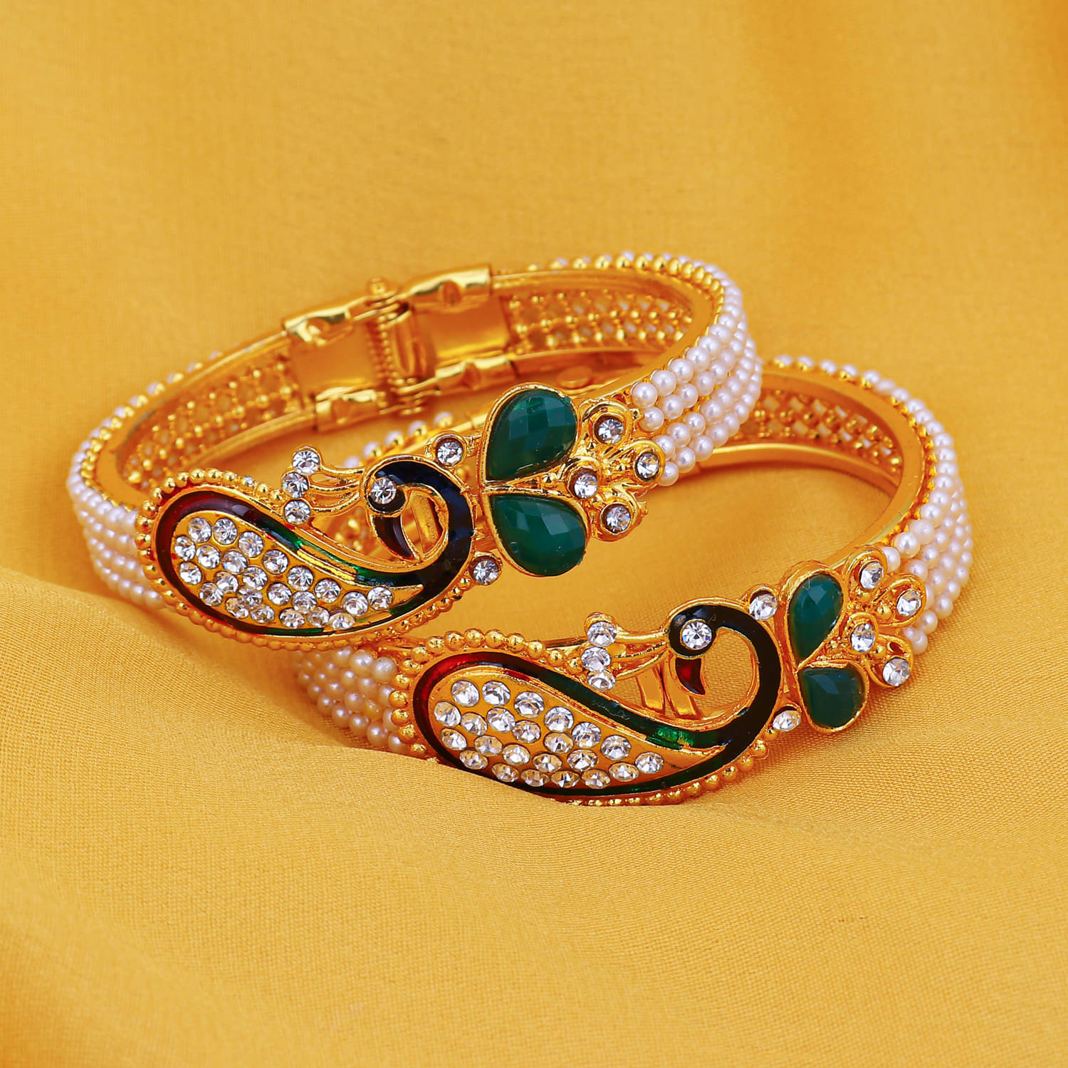     			Sukkhi Glittery Pearl Gold Plated Peacock Meenakari Austrian Diamond Kada Combo For Women