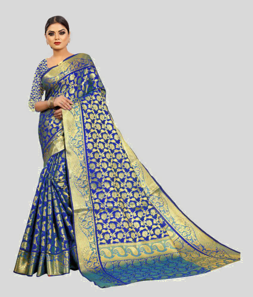 Gazal Fashions Banarasi Silk Saree With Unstitched Blouse Piece ( Blue ) - Sarees | Buy online on ZillyBuy
