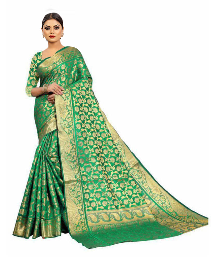Gazal Fashions Banarasi Silk Self Design Saree With Unstitched Blouse Piece ( Green )     			Gazal Fashions Banarasi Silk Self Design Saree With Unstitched Blouse Piece ( Green )