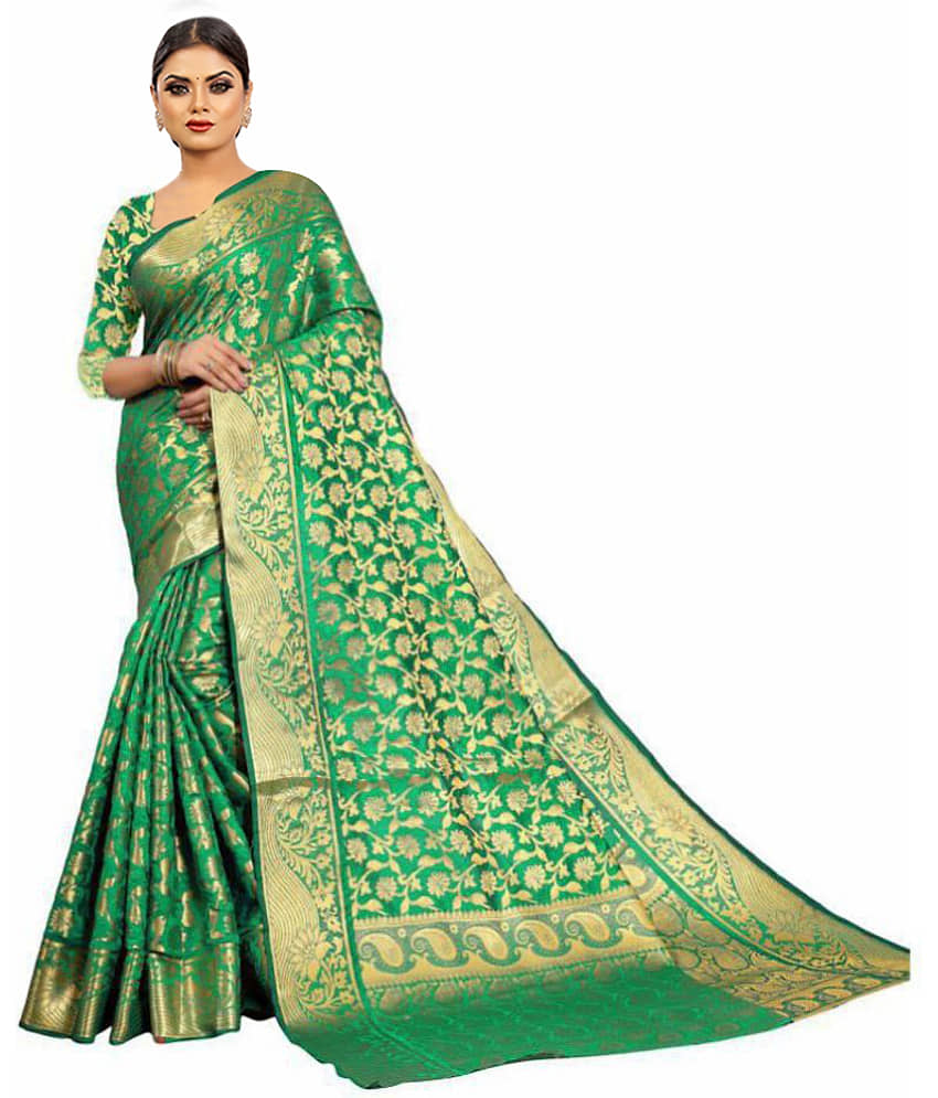 Gazal Fashions Banarasi Silk Self Design Saree With Unstitched Blouse Piece ( Green ) - Sarees | Buy online on ZillyBuy