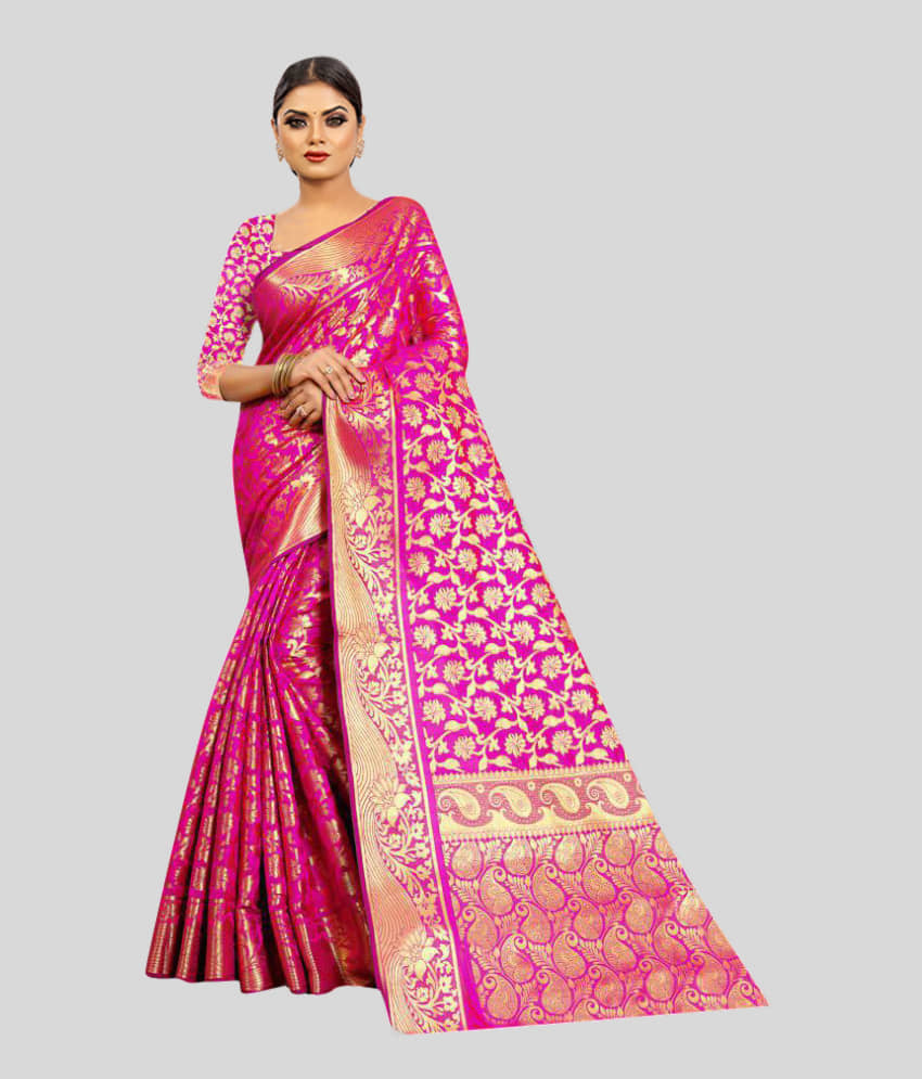 Gazal Fashions Banarasi Silk Self Design Saree With Unstitched Blouse Piece ( Pink ) - Sarees | Buy online on ZillyBuy
