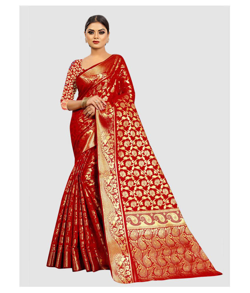 Gazal Fashions Banarasi Silk Embellished Saree With Unstitched Blouse Piece ( Red ) - Sarees | Buy online on ZillyBuy