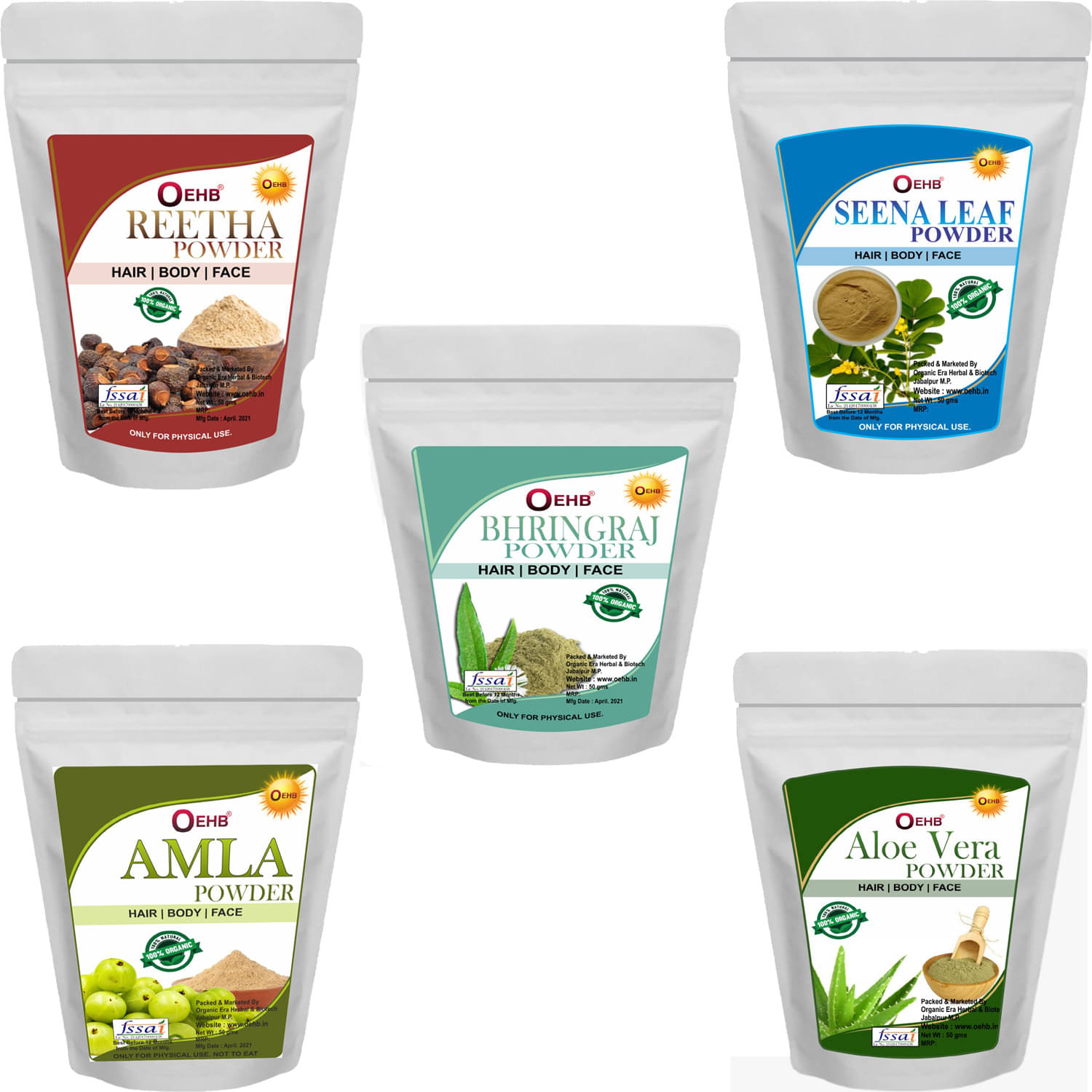     			OEHB 100% Organic Amla,Reetha,Bhringraj,Aloevera Leaf and Seena Leaf Powder 250G Each-50g
