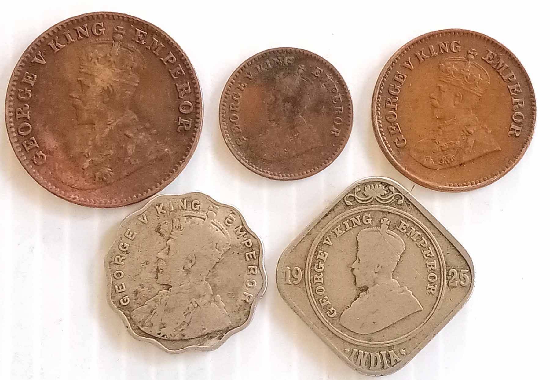     			5 DIFFERENT SET - BRITISH INDIA - KING GEORGE V ( KG V )  - 2,1,1/4 & 1/12 ANNA & 1/2 PICE