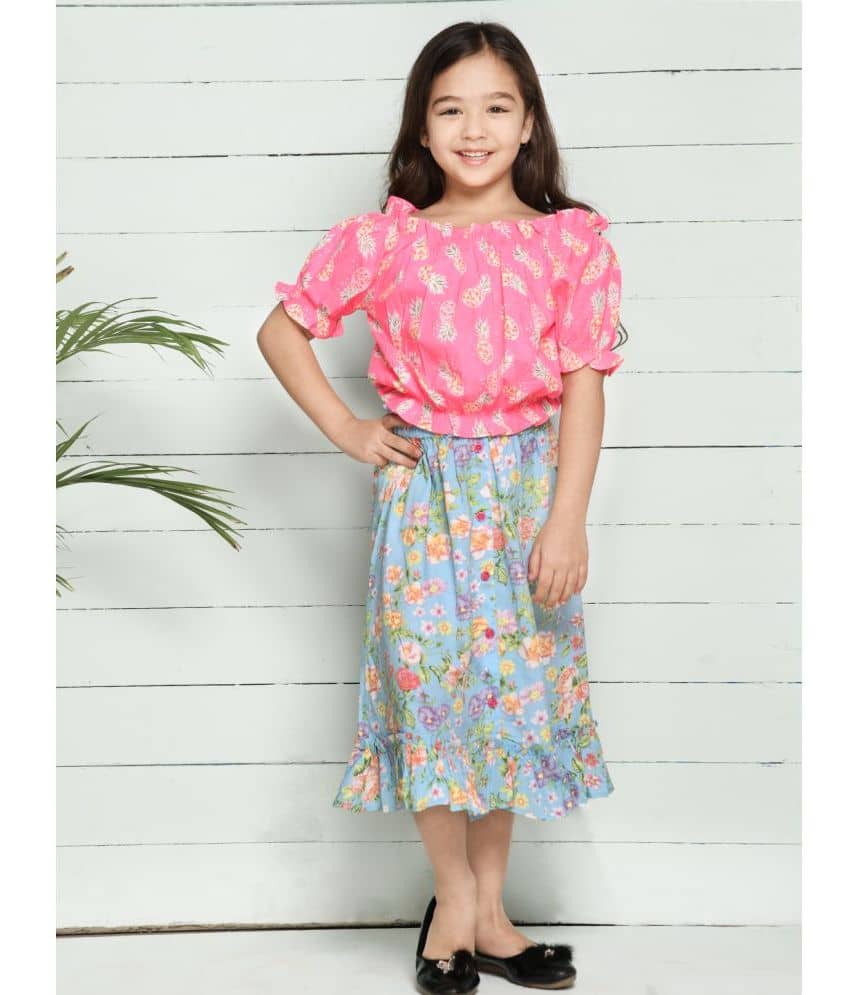 Baby Pink Blue Pineapple Print Bardot Top with Floral Skirt Set