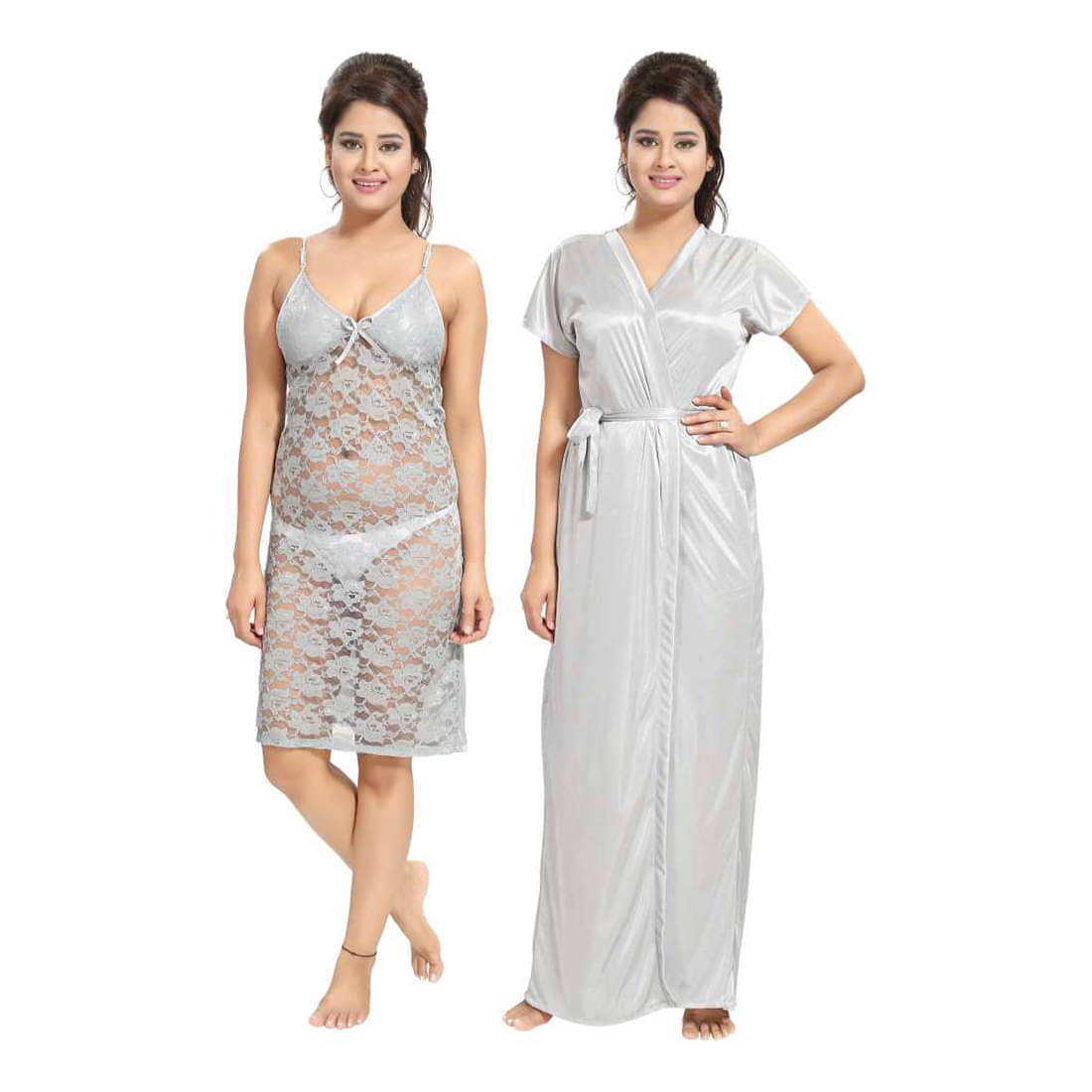     			Gutthi Satin Nighty & Night Gowns - Grey Pack of 2