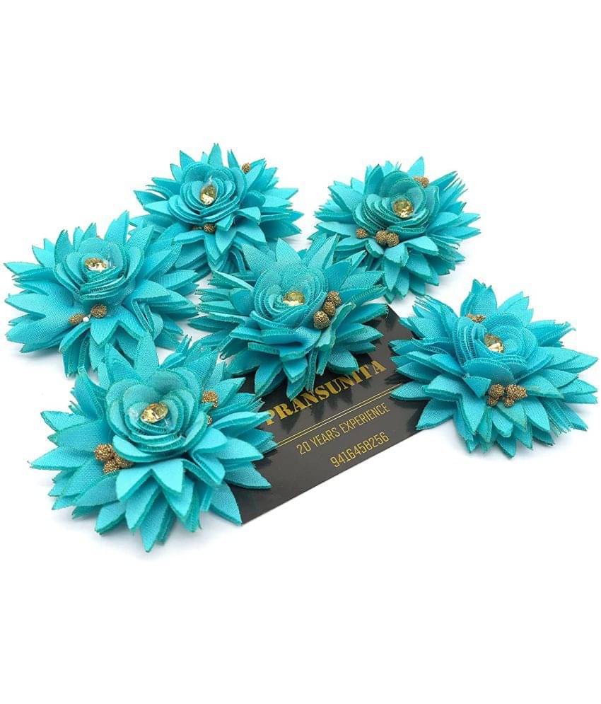    			PRANSUNITA Stem less Fabric Rose Flower with Pollens, Handmade Decoration Flowers for Dresses, Fancy Gift & Wedding Packaging, Valentine, Radha Krishna & Baby Shower, Pack of 6 pcs Color-- Ferozi ( Turquoise Blue )