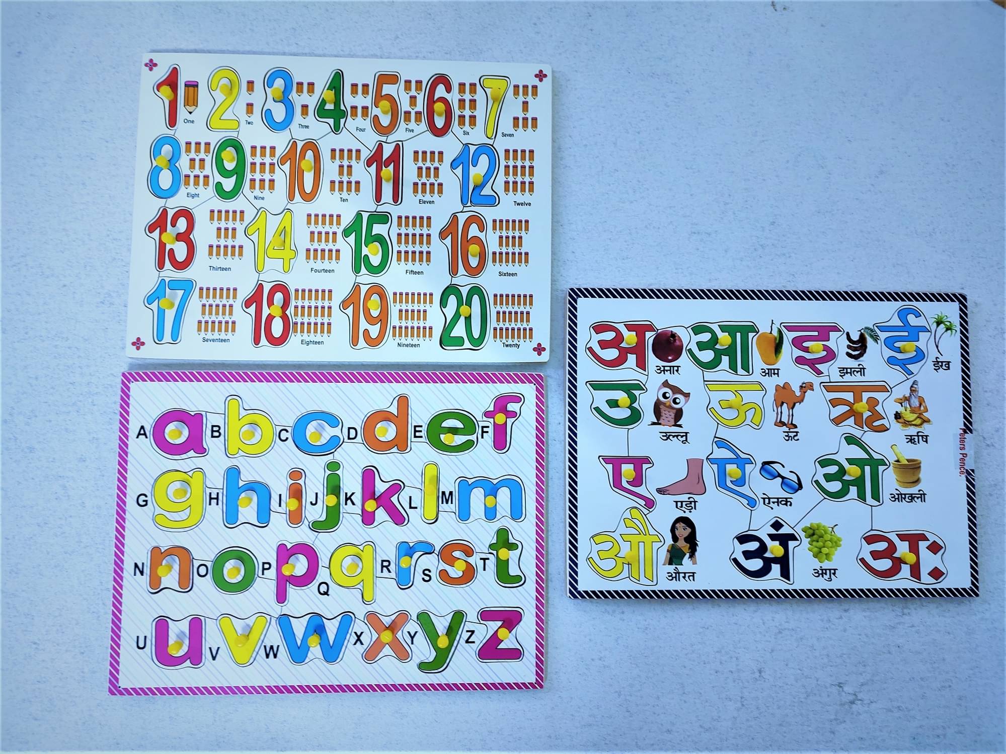     			Hindi Alphabet ( Consonant) ,English Alphabet  & Number  learning puzzle Combo Board for Kids Pre Primary Education  With Picture & Knobs,