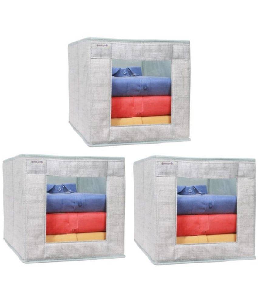     			PrettyKrafts Toys Organizer,Shirt Stacker Closet, Fabric Storage Boxes for Shelf, Stackable Closet Bins for Toys & Kids Books with Transparent Window (Pack of 3) Jute Grey