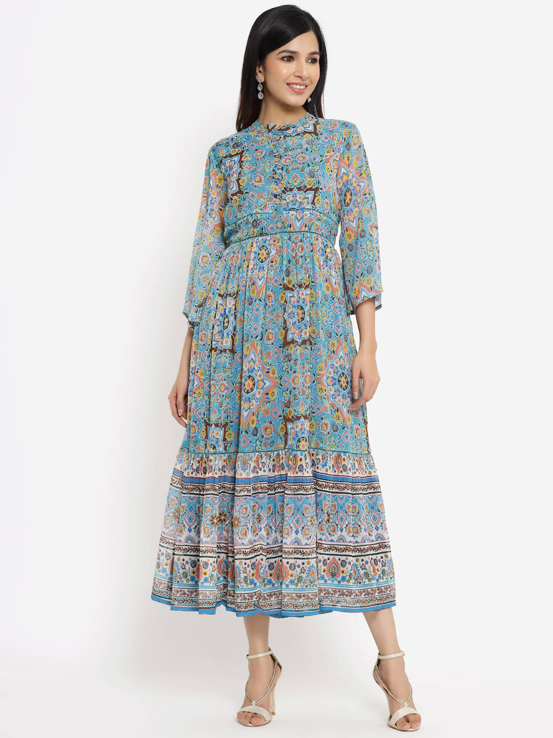     			Juniper Women Chiffon Printed Fit & Flare Dress ( Blue )