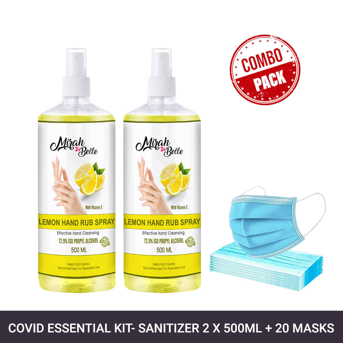     			Mirah Belle Lemon Hand Sanitizer Spray 500ml (Pack of 2) & 20 Masks Sanitizers 1000 mL Pack of 2