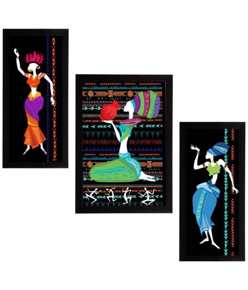     			eCraftIndia Set of 3 Black & Blue Tribal Theme Satin Matt Textured UV Wall Paintings