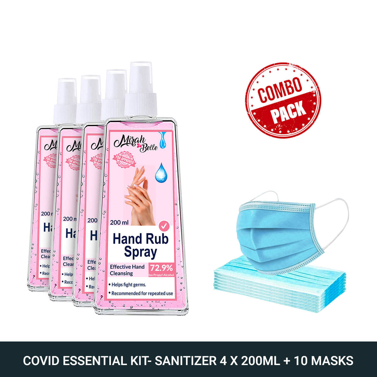 Mirah Belle Hand Rub Sanitizer 200ML (Pack of 4) & 10 Face Masks Sanitizers 800 mL Pack of 4 Mirah Belle Hand Rub Sanitizer 200ML (Pack of 4) & 10 Face Masks Sanitizers 800 mL Pack of 4