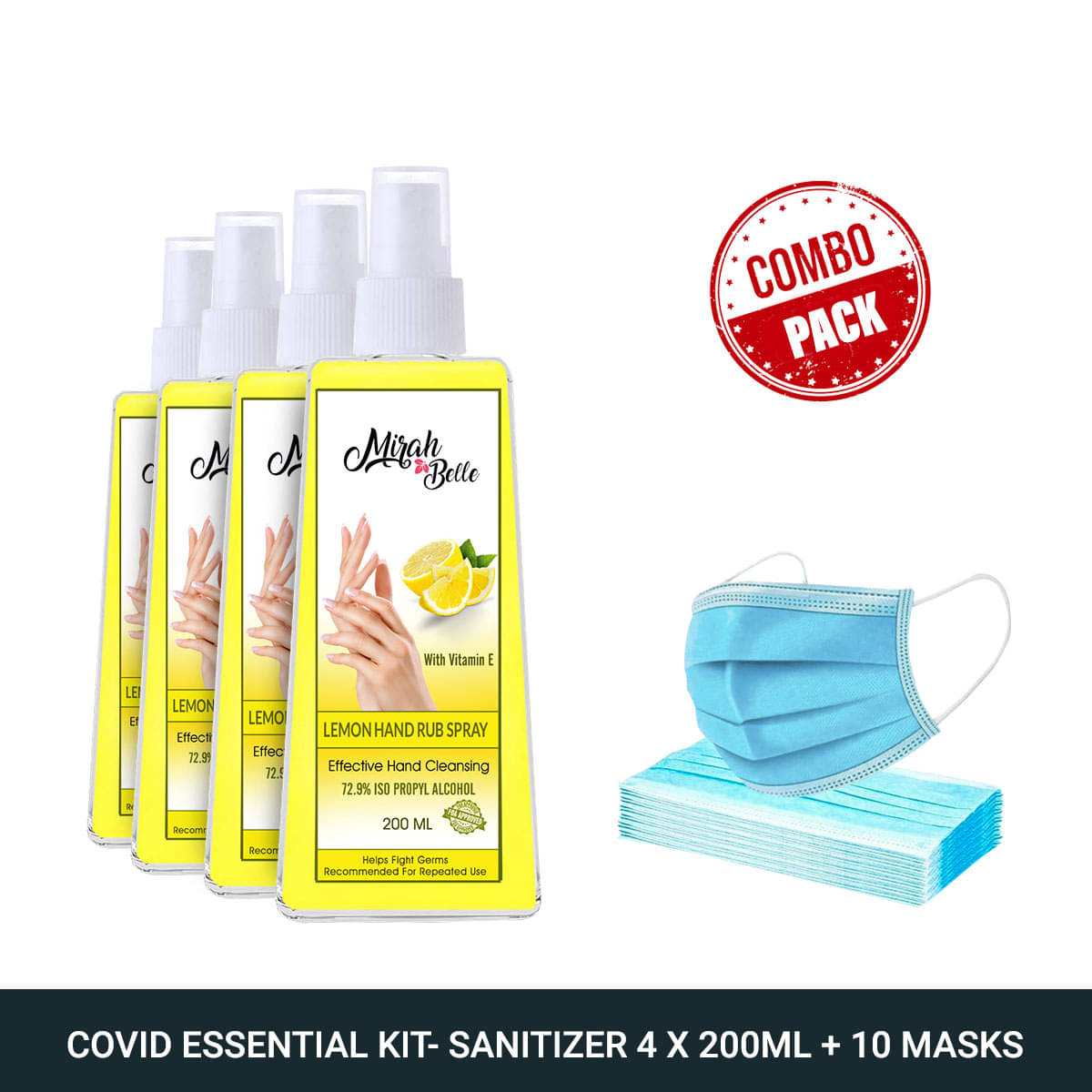 Mirah Belle Lemon Hand Rub Sanitizer Spray 200ml (Pack of 4) & 10 Masks Sanitizers 800 mL Pack of 4 Mirah Belle Lemon Hand Rub Sanitizer Spray 200ml (Pack of 4) & 10 Masks Sanitizers 800 mL Pack of 4