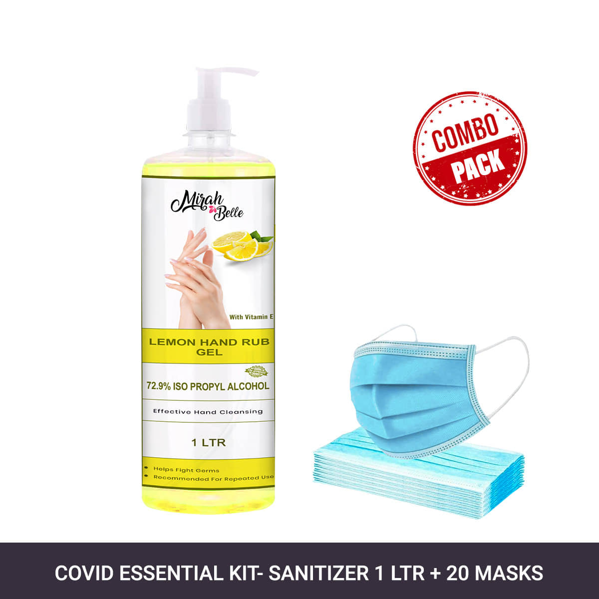 Mirah Belle Lemon Hand Sanitizer Gel 1000ml & 20 Face Masks Sanitizers 1000 mL Pack of 1