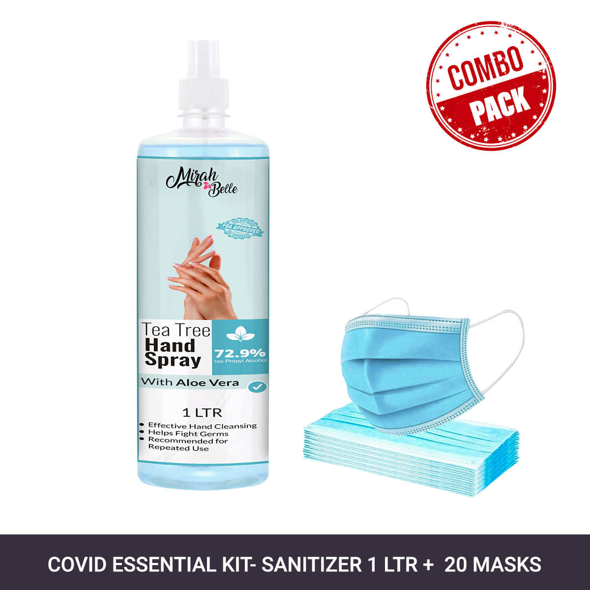 Mirah Belle Tea-Tree Aloe Vera Hand Rub Spray 1000 ml & 20 Masks Sanitizers 1000 mL Pack of 1
