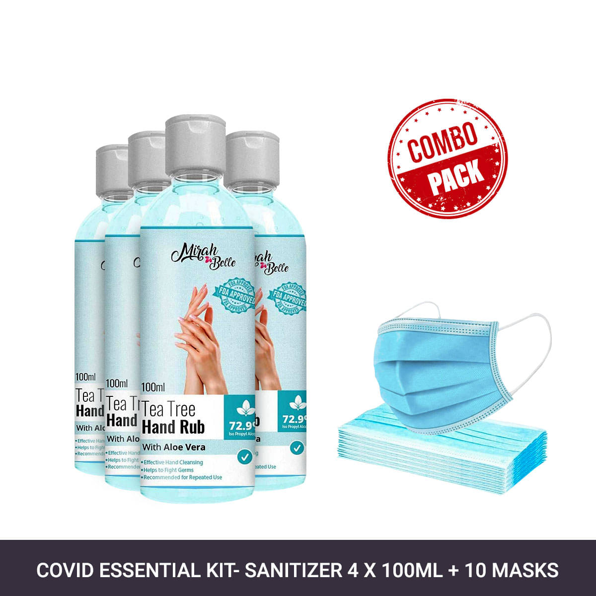 Mirah Belle Tea-Tree Aloe Vera Hand Rub Gel 100ml(Packof 4) & 10 Masks Sanitizers 400 mL Pack of 4     			Mirah Belle Tea-Tree Aloe Vera Hand Rub Gel 100ml(Packof 4) & 10 Masks Sanitizers 400 mL Pack of 4