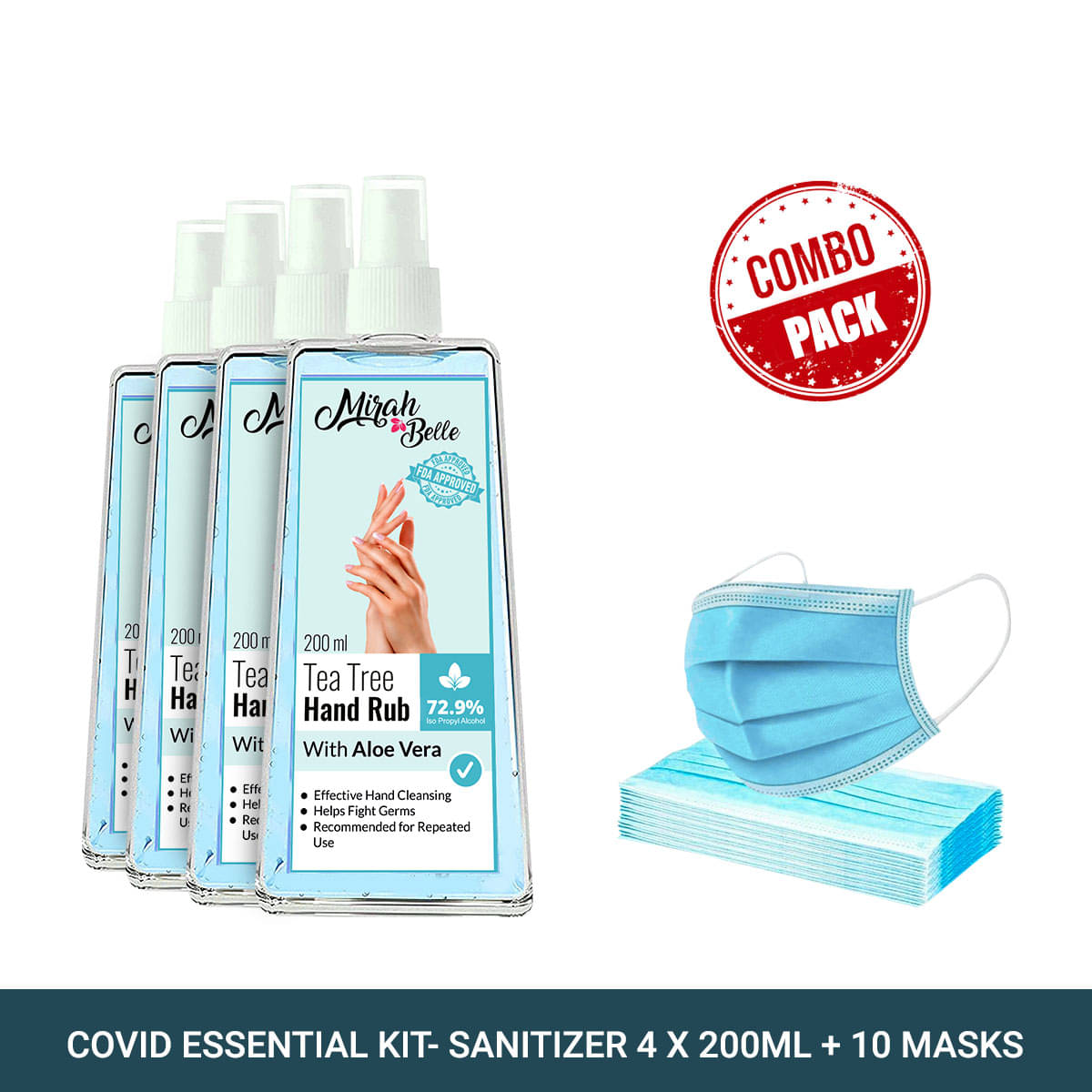 Mirah Belle Tea-Tree Aloe Vera Hand Rub Spray 200ml(Packof4) &10 Masks Sanitizers 800 mL Pack of 4     			Mirah Belle Tea-Tree Aloe Vera Hand Rub Spray 200ml(Packof4) &10 Masks Sanitizers 800 mL Pack of 4