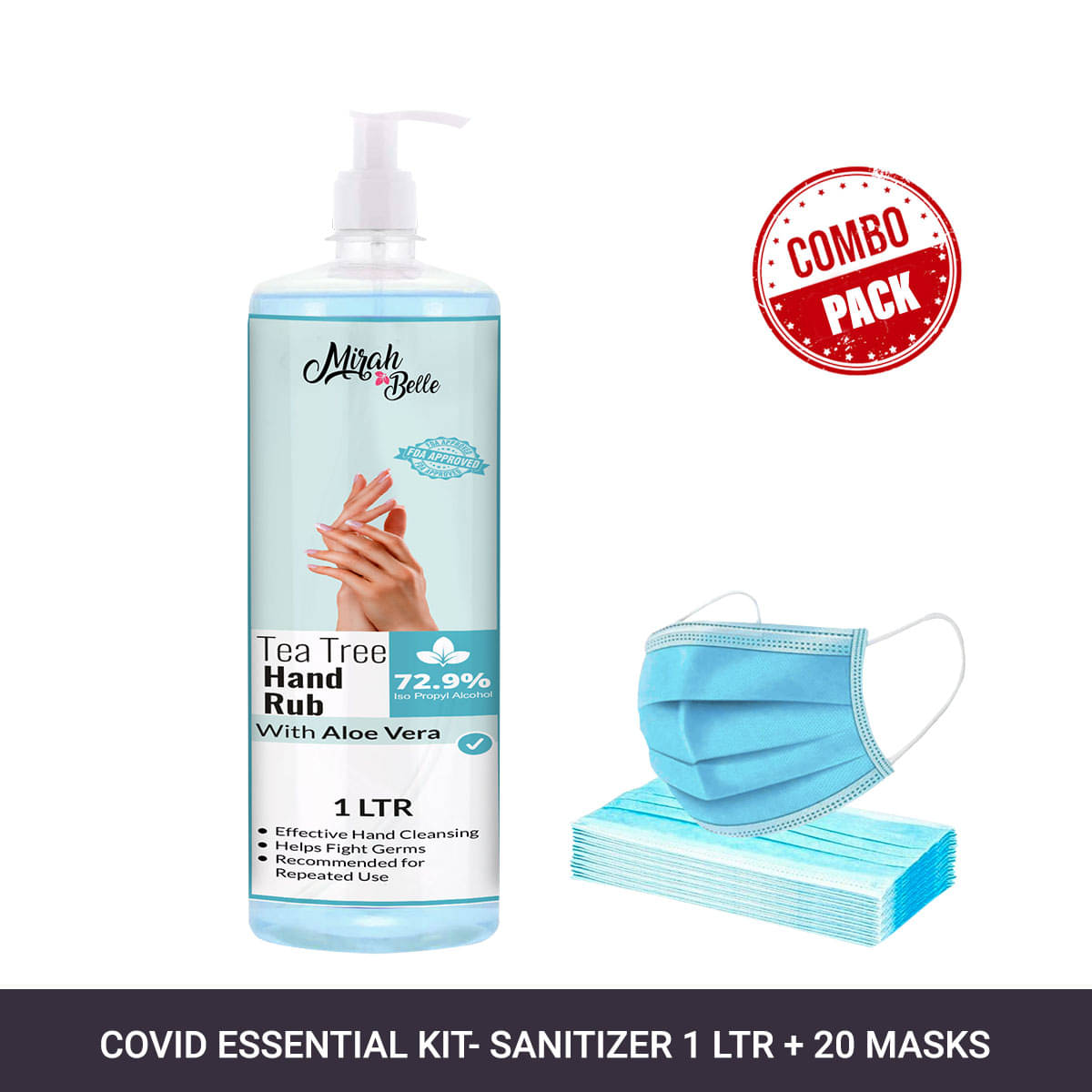 Mirah Belle Tea-Tree Aloe Vera Hand Rub Gel 1000ml & 20 Face Masks Sanitizers 1000 mL Pack of 1 Mirah Belle Tea-Tree Aloe Vera Hand Rub Gel 1000ml & 20 Face Masks Sanitizers 1000 mL Pack of 1