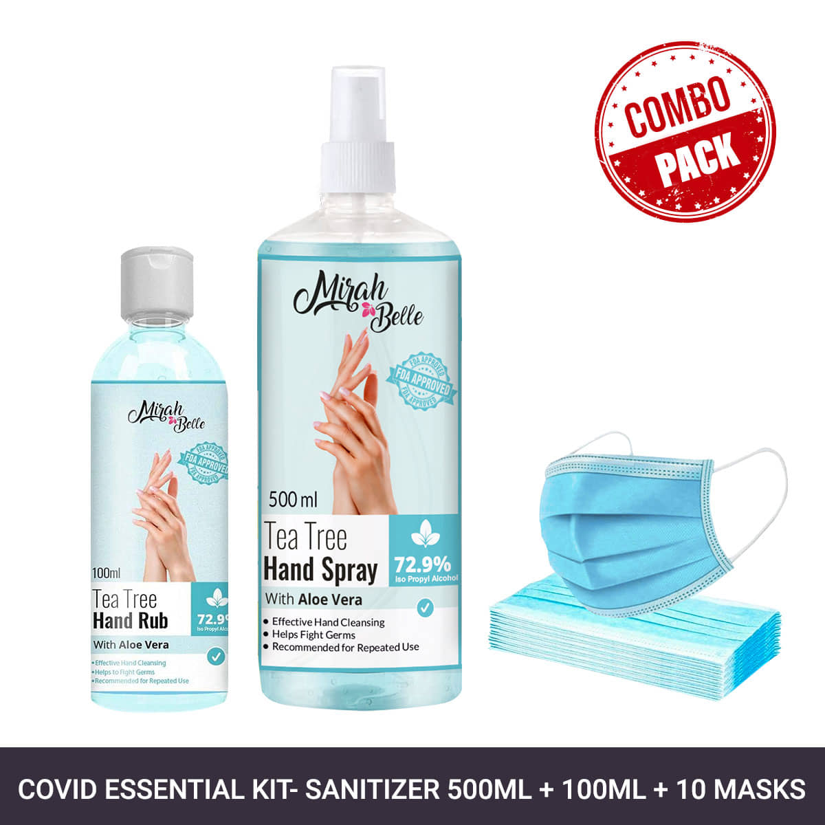 Mirah Belle Tea-Tree Aloe Vera Hand Rub Spray 500ML + 100Ml & 10 Masks Sanitizers 600 mL Pack of 2