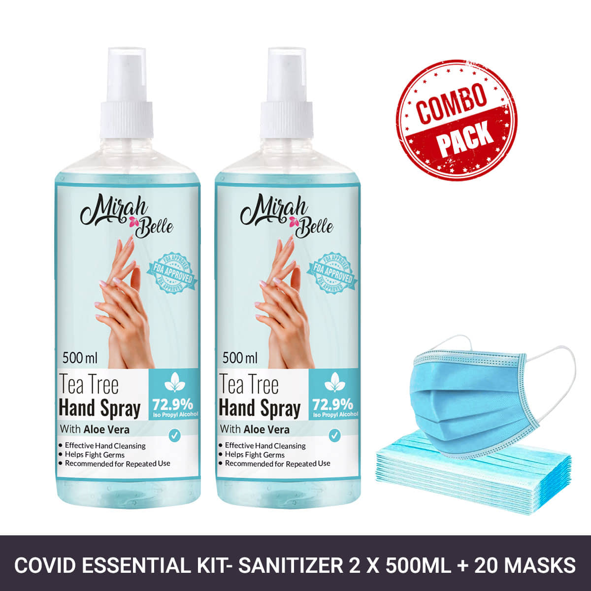 Mirah Belle Tea-Tree Aloe Vera Hand Rub Spray 500ml(Packof2)& 20 Masks Sanitizers 1000 mL Pack of 2
