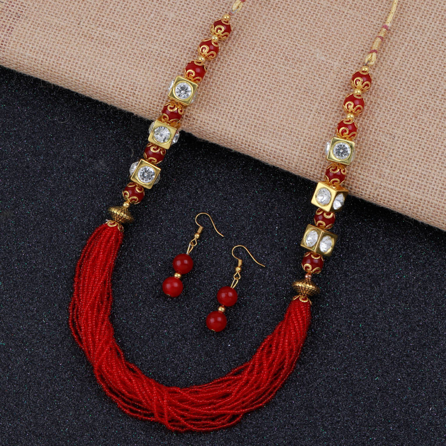     			Paola Alloy Red Traditional Necklaces Set Long Haram