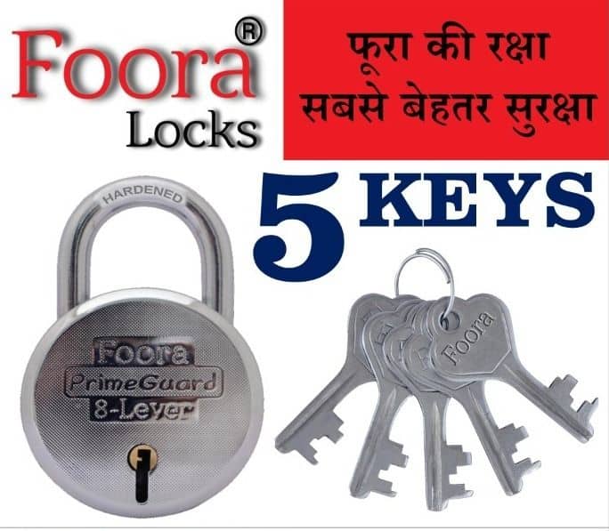 Foora PrimeGuard Round 65mm Steel Door Lock/Padlock with 5 Keys, Original Hardened Shackle, Double Locking Lock ( Silver )