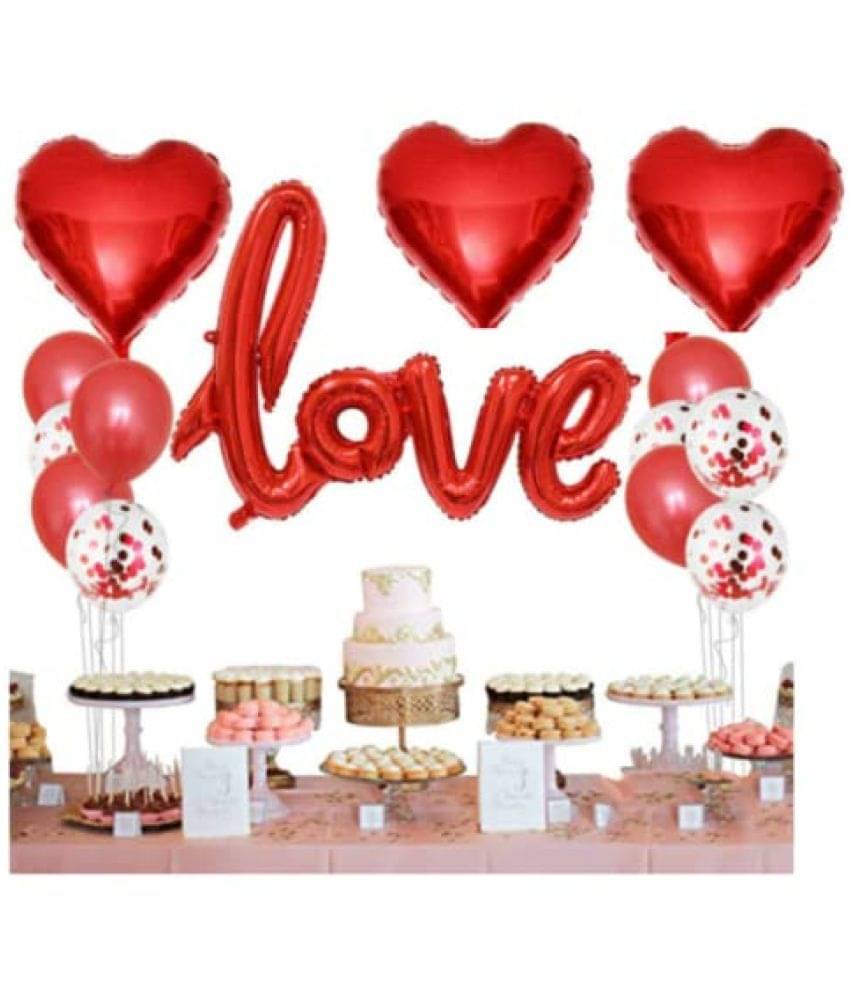     			Blooms Mall   1 pcs Cursive Love Foil Balloons + 3 Red Heart  + 20 Red and White Balloons + 5 Red Confetti Balloons