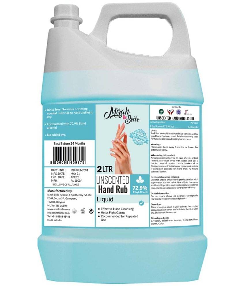 Mirah Belle Unscented - Hand Rub Sanitizer Liquid Can (2 Ltrs) Sanitizers 2000 mL Pack of 1 Mirah Belle Unscented - Hand Rub Sanitizer Liquid Can (2 Ltrs) Sanitizers 2000 mL Pack of 1