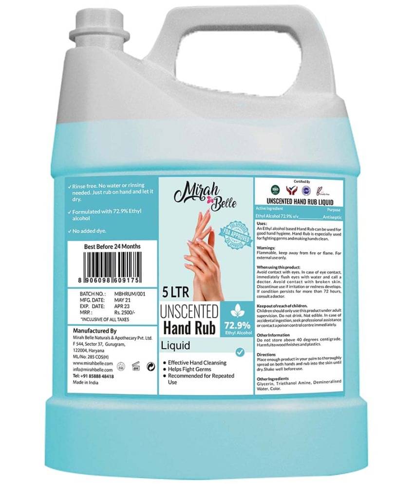 Mirah Belle Unscented - Hand Rub Sanitizer Liquid Can (5 Ltrs) Sanitizers 5000 mL Pack of 1     			Mirah Belle Unscented - Hand Rub Sanitizer Liquid Can (5 Ltrs) Sanitizers 5000 mL Pack of 1