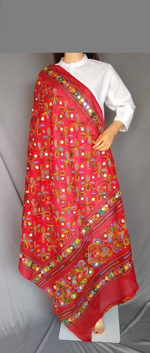     			Raj Red Cotton Phulkari Dupatta - Single