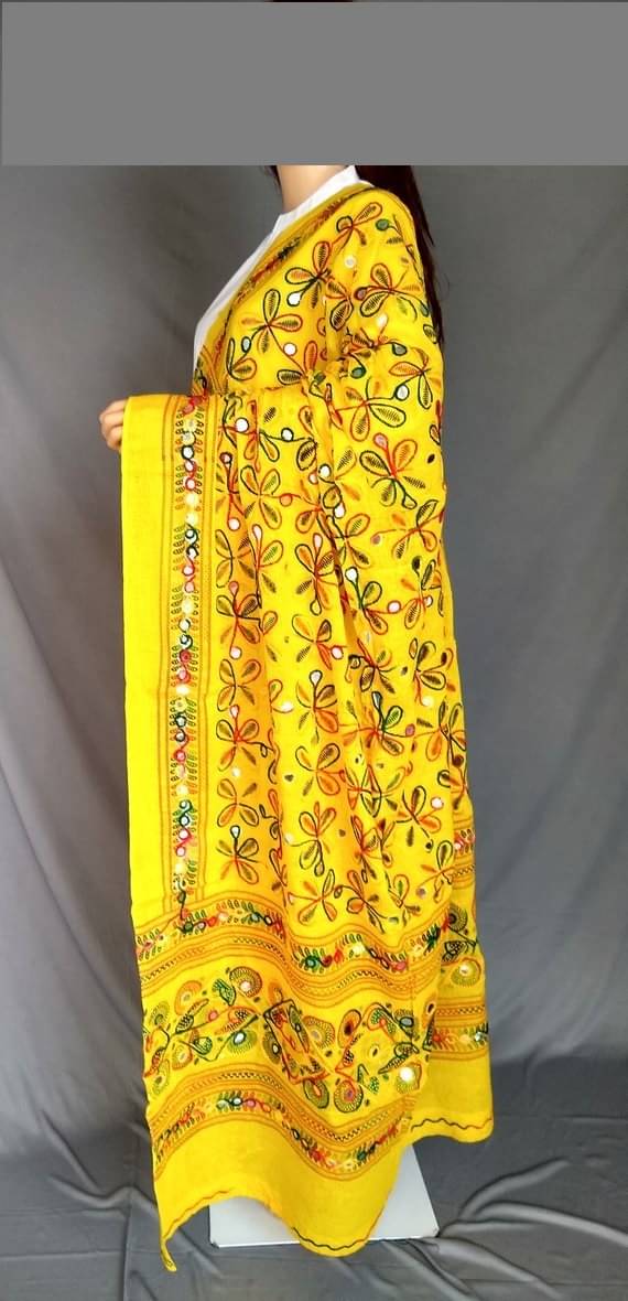Raj Yellow Cotton Aari Embroidered Dupatta - Single Raj Yellow Cotton Aari Embroidered Dupatta - Single