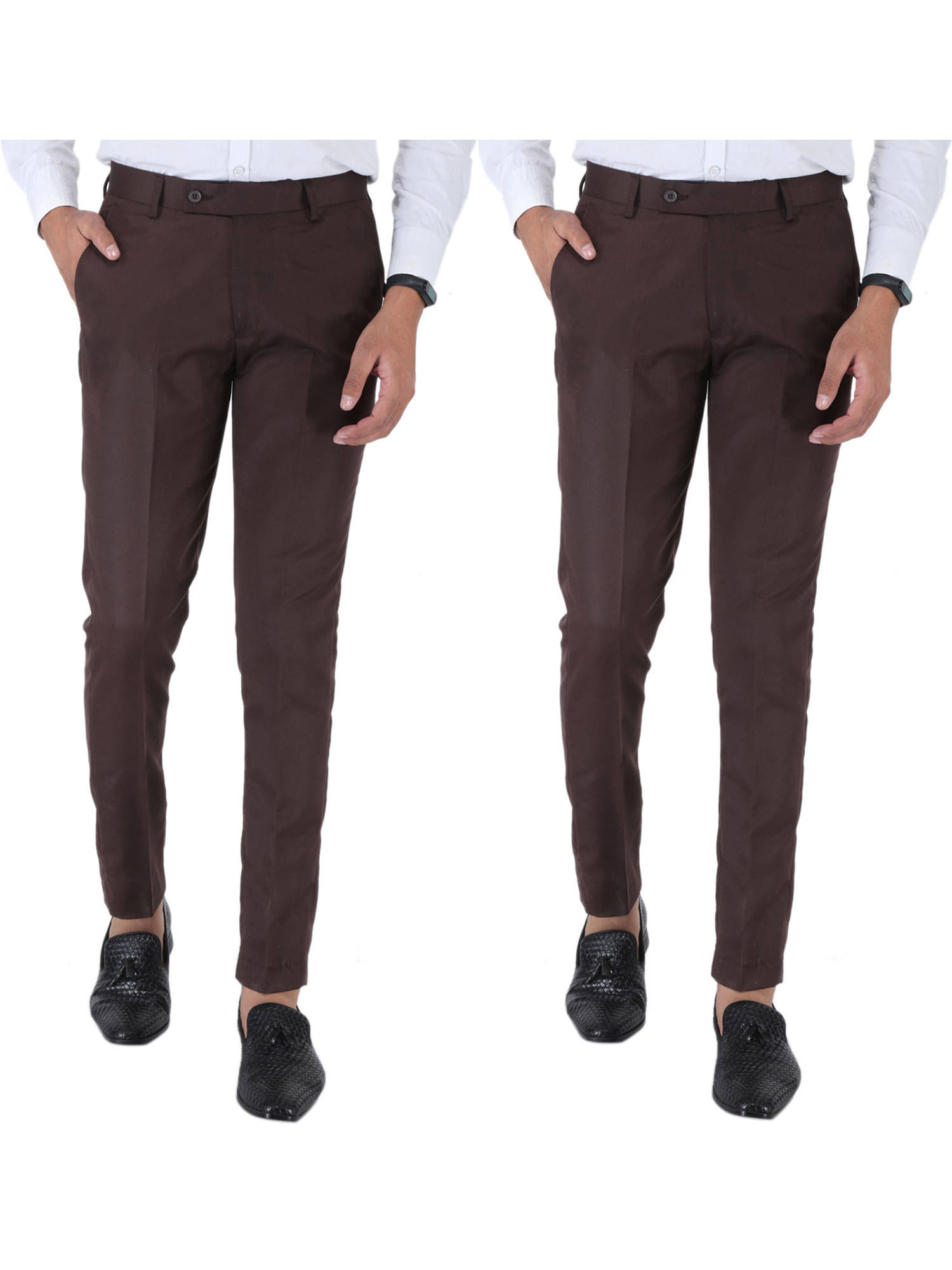     			SREY Coffee Slim -Fit Flat Trousers Pack of 2