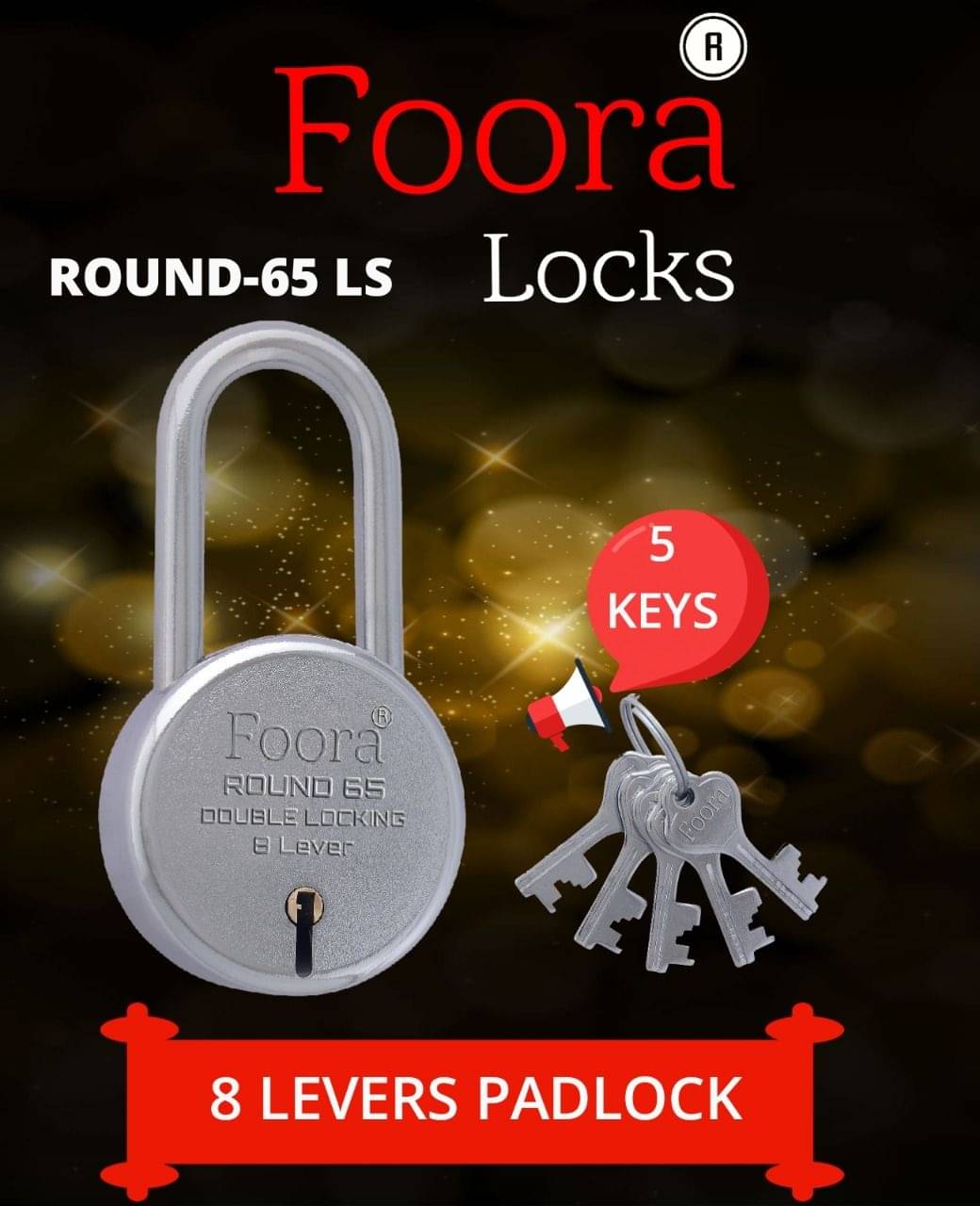     			Foora -Tools Hardware New Round 65 Long Shackle Steel door Lock with 5 Keys, Double Locking, 8 Lever - 65mm, Silver (Export in U.S.A, Canada, Mexico)