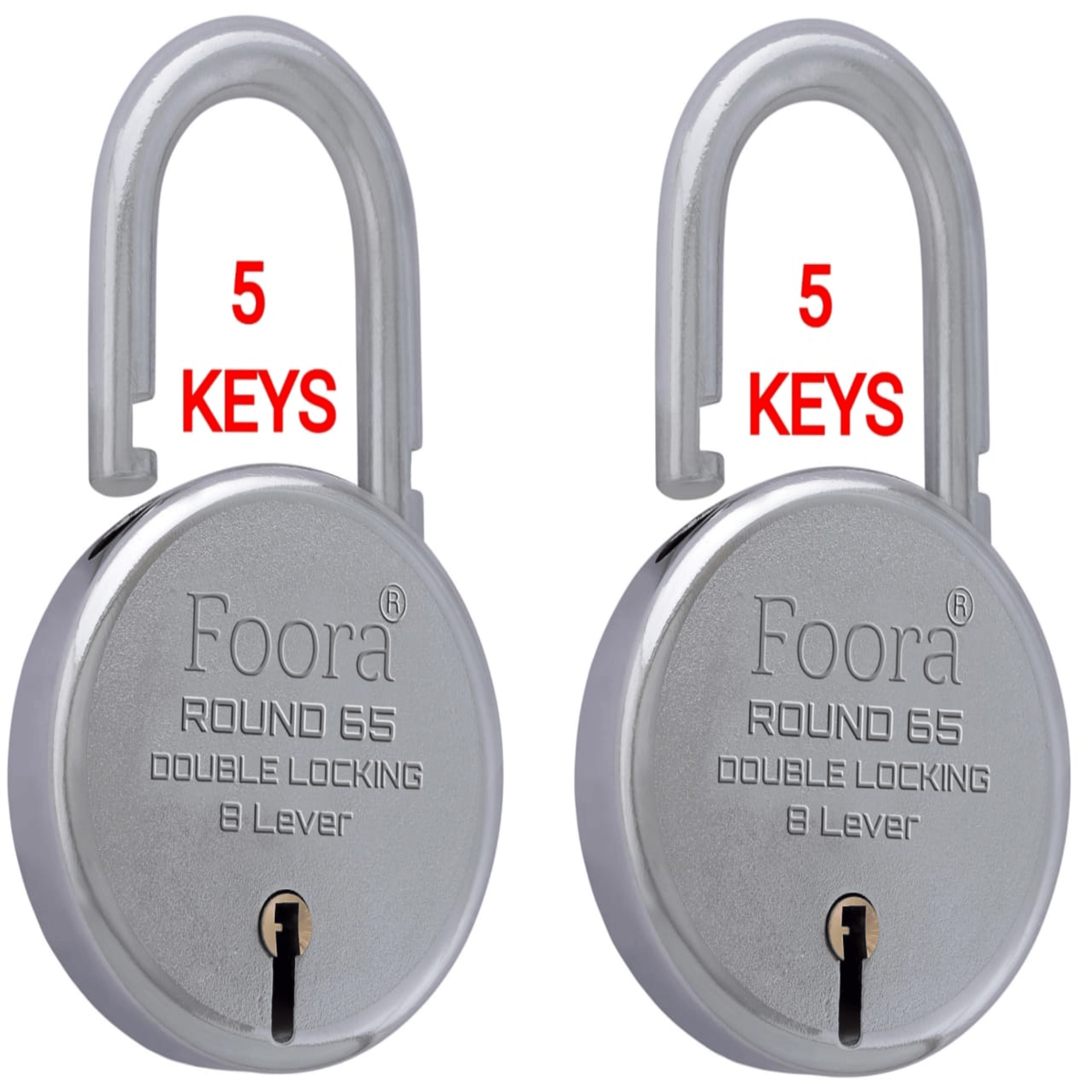 Foora Round 65 with 5 Separate Keys Set of 2 Each, Steel Heavy Duty Shackle , Double Locking Technology 65mm