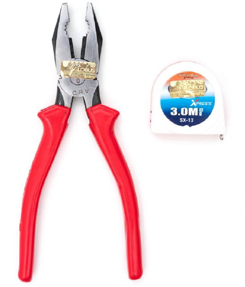 GLOBUS 1449 STEEL HAND TOOL SET/2 PCS ( 8" COMBINATION PLIER, RED AND MEASURING TAPE 3 MTR/ 10 FEET AND 120 INCH.)