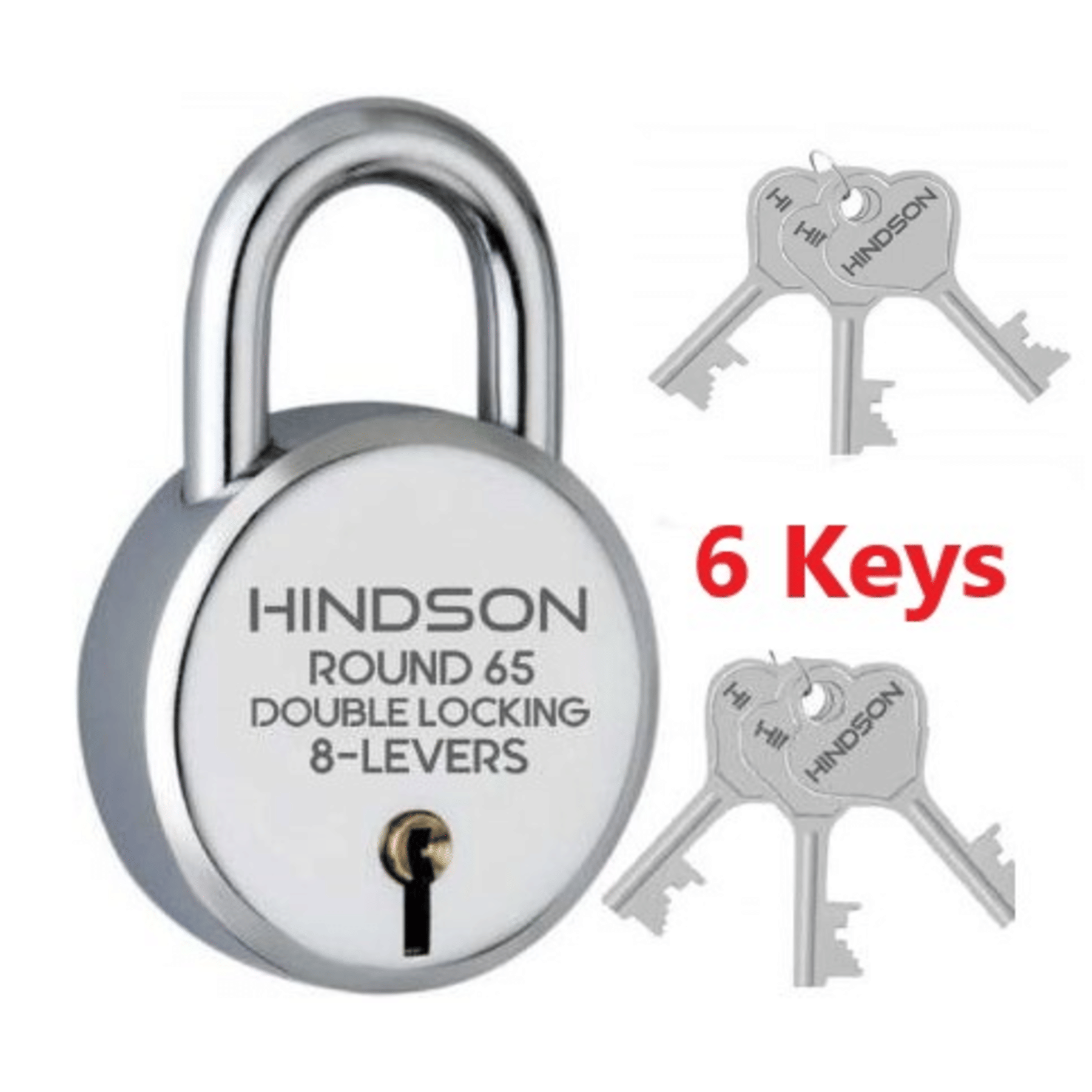     			HINDSON Lock with 6 Keys, Steel Round 65mm Padlock, 8 Levers, Silver Finish