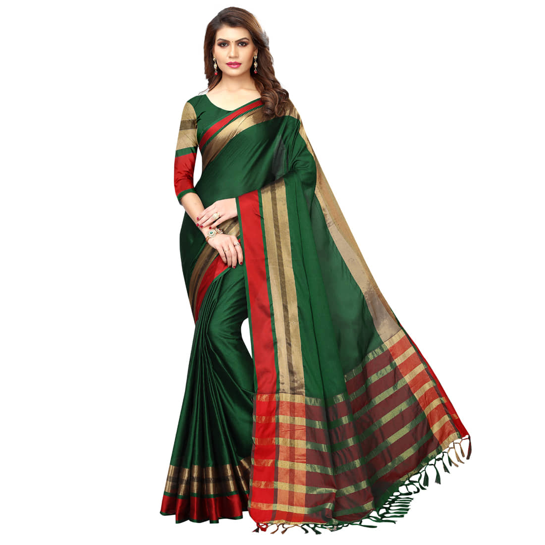 NIGHT BLUE Cotton Blend Solid Saree With Unstitched Blouse Piece ( Green ) - Sarees | Buy online on ZillyBuy
