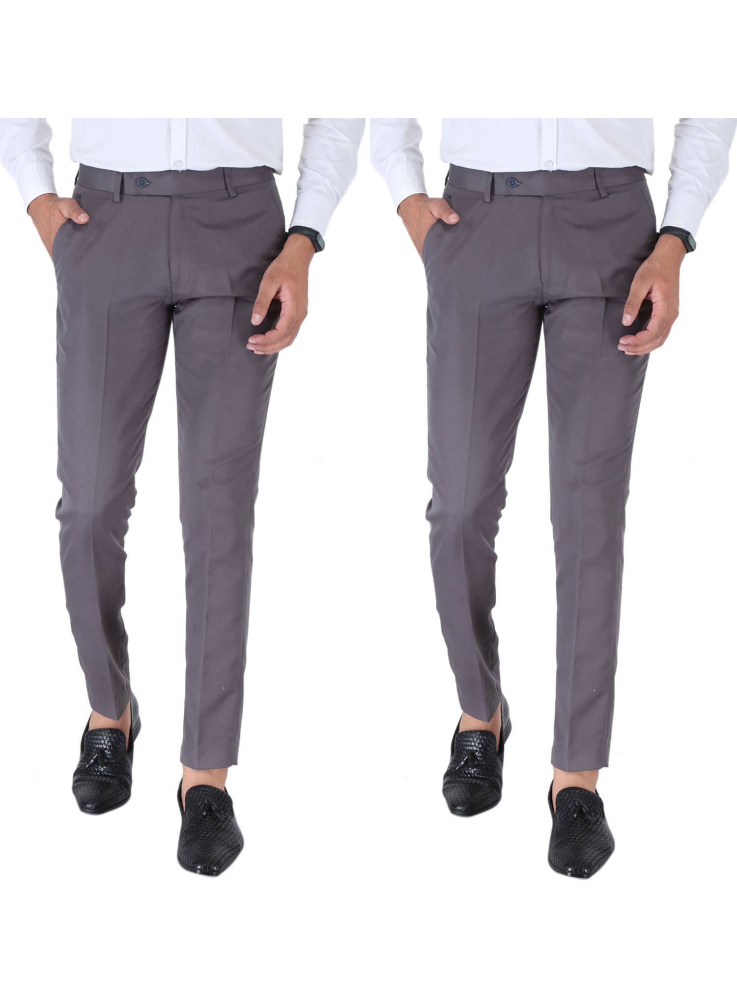     			SREY Grey Slim -Fit Flat Trousers Pack of 2