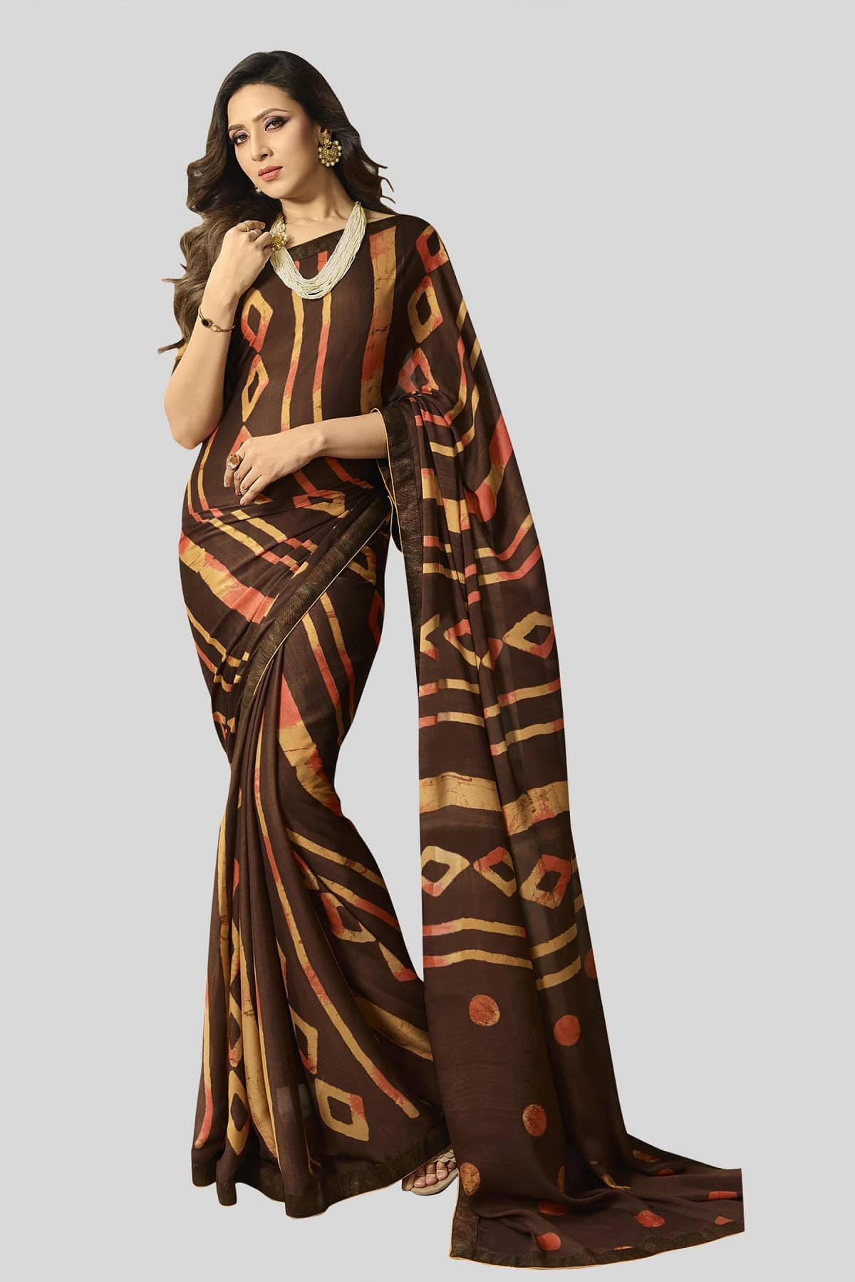 Gazal Fashions Chiffon Printed Saree With Unstitched Blouse Piece ( Brown ) - Sarees | Buy online on ZillyBuy