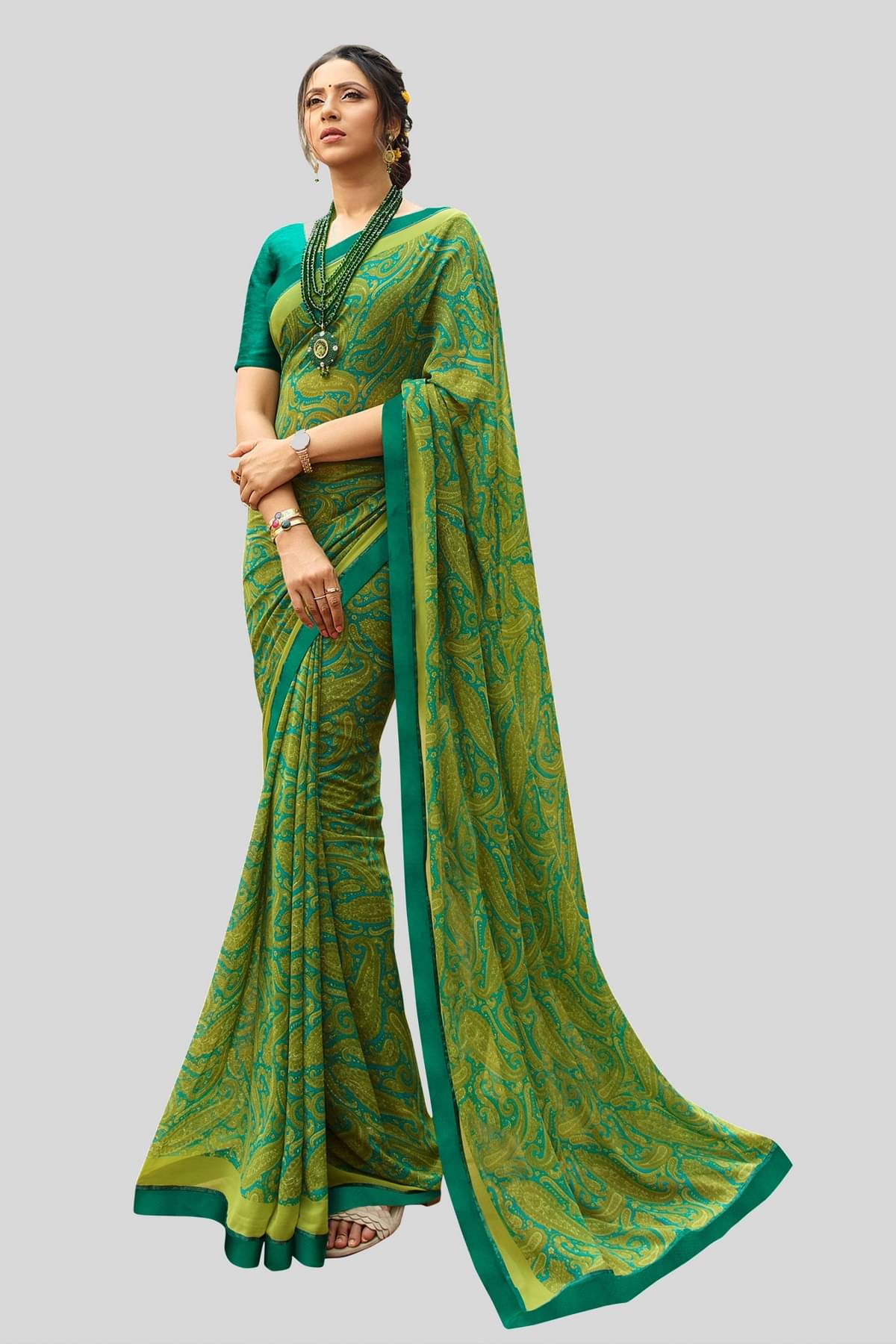     			Gazal Fashions Chiffon Printed Saree With Unstitched Blouse Piece ( Green )