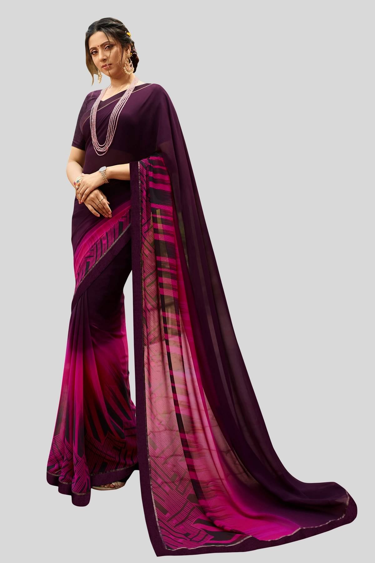     			Gazal Fashions Chiffon Printed Saree With Unstitched Blouse Piece ( Purple,Pink )