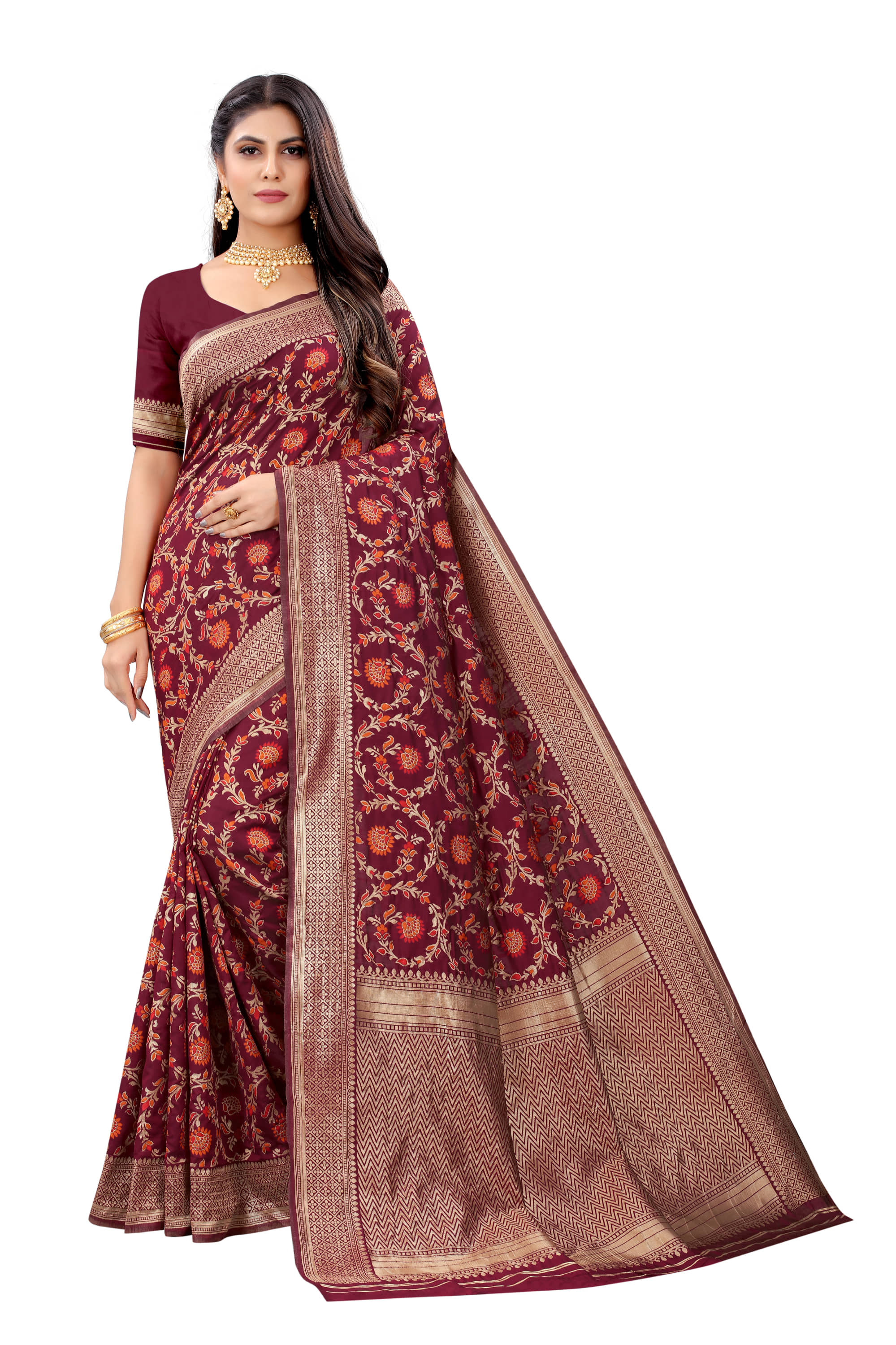 NENCY FASHION Banarasi Silk Self Design Saree With Unstitched Blouse Piece ( Maroon ) - Sarees | Buy online on ZillyBuy