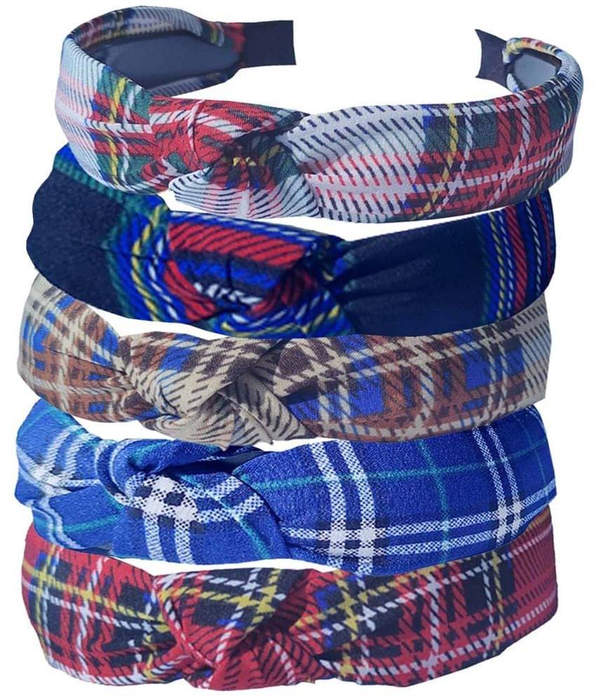     			FOK 5 Pieces Non Slip Fabric Checked Design Knot Wide Elastic Headbands for Women & Girls