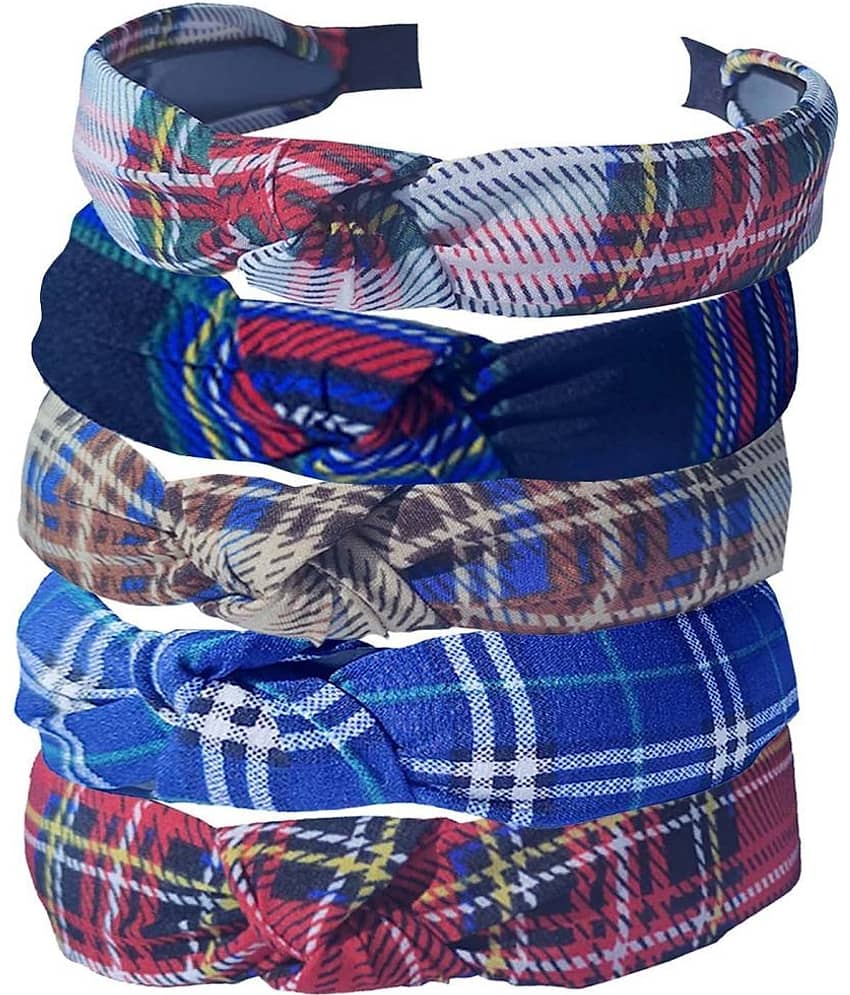 FOK 5 Pieces Non Slip Fabric Checked Design Knot Wide Elastic Headbands for Women & Girls - Jewellery Sets | Buy online on ZillyBuy