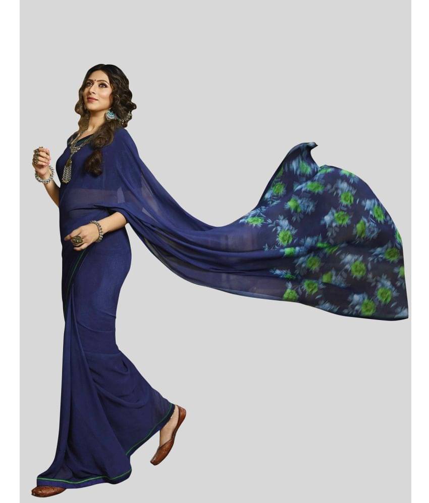 Gazal Fashions Blue Chiffon Saree -     			Gazal Fashions Blue Chiffon Saree -