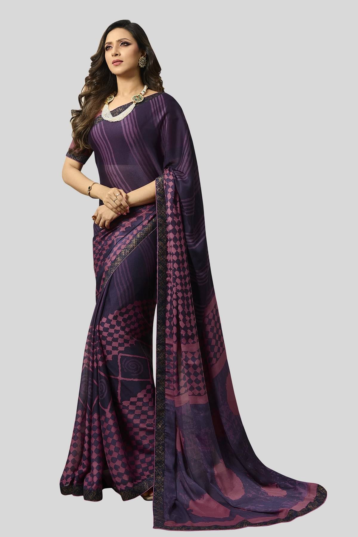 Gazal Fashions Blue,Pink Chiffon Saree -     			Gazal Fashions Blue,Pink Chiffon Saree -